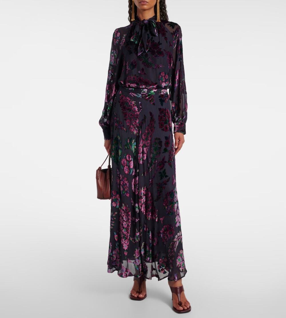 ETRO Velvet Burnout Tie Neck Blouse in Print on Blue Base IT 40 US 4